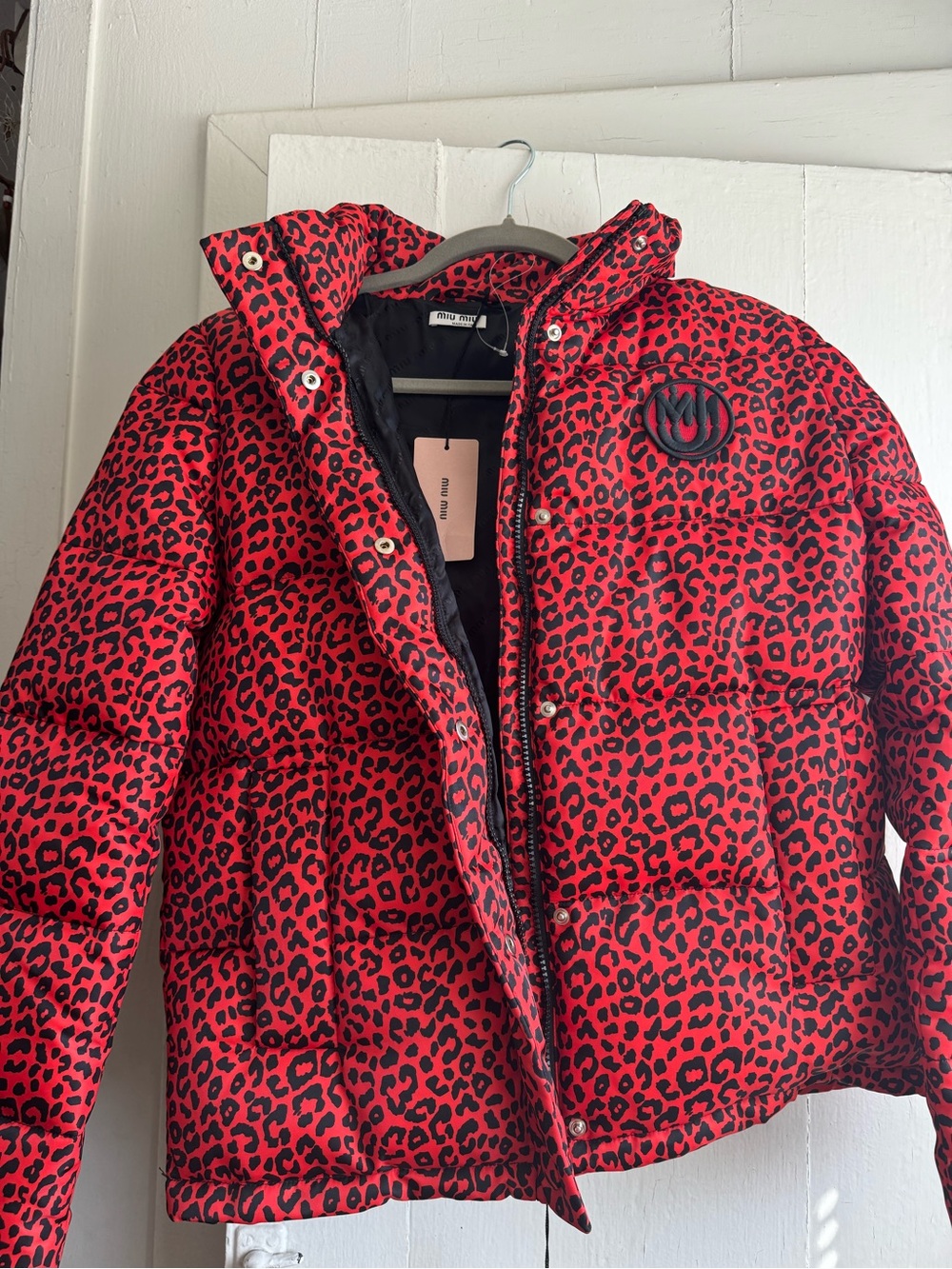 Authentic Miu Miu Red and Black Leopard Print Puffer Jacket